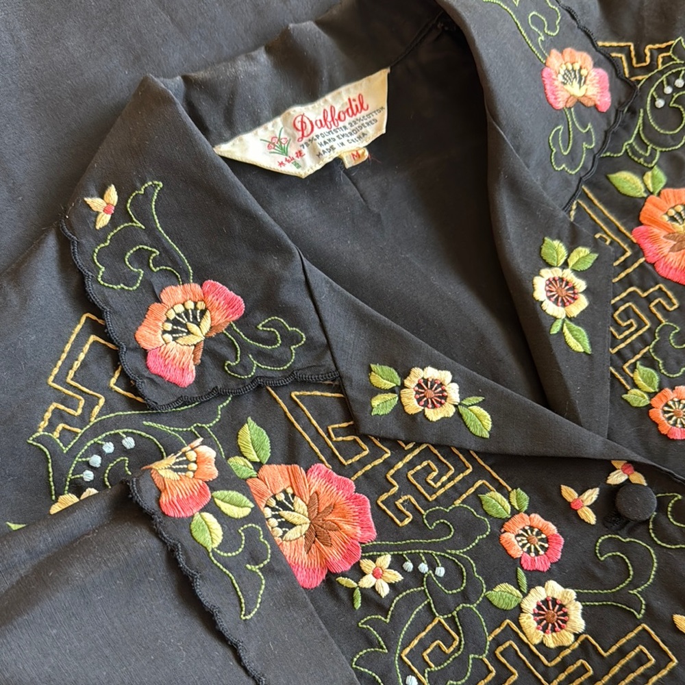 Women’s Vintage Floral Embroidered Black Button- Front Top by Daffodil - Picture 12 of 12